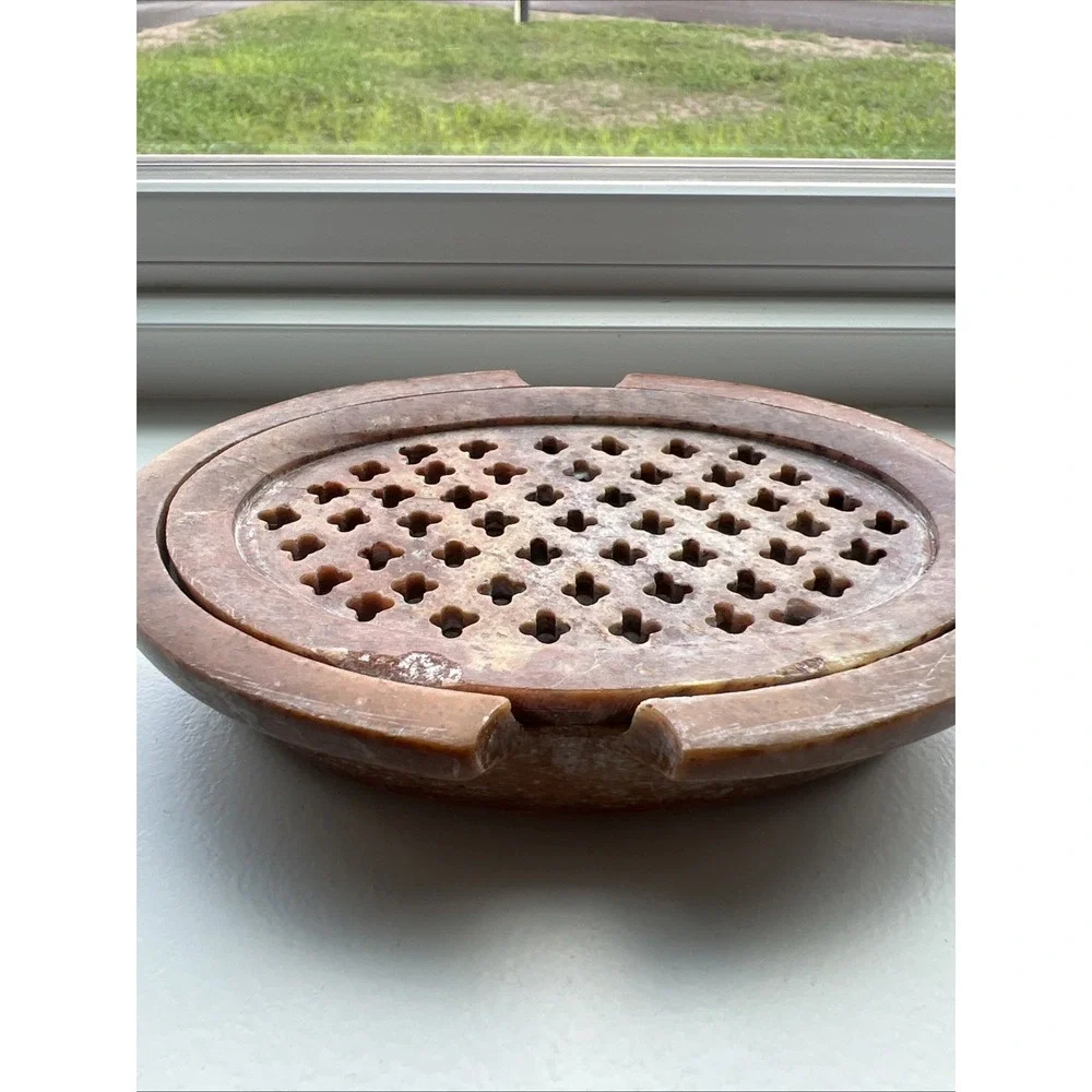 Natural SOAPSTONE 2pc. Oval Lattice Insert SOAP DISH No Two Are Alike